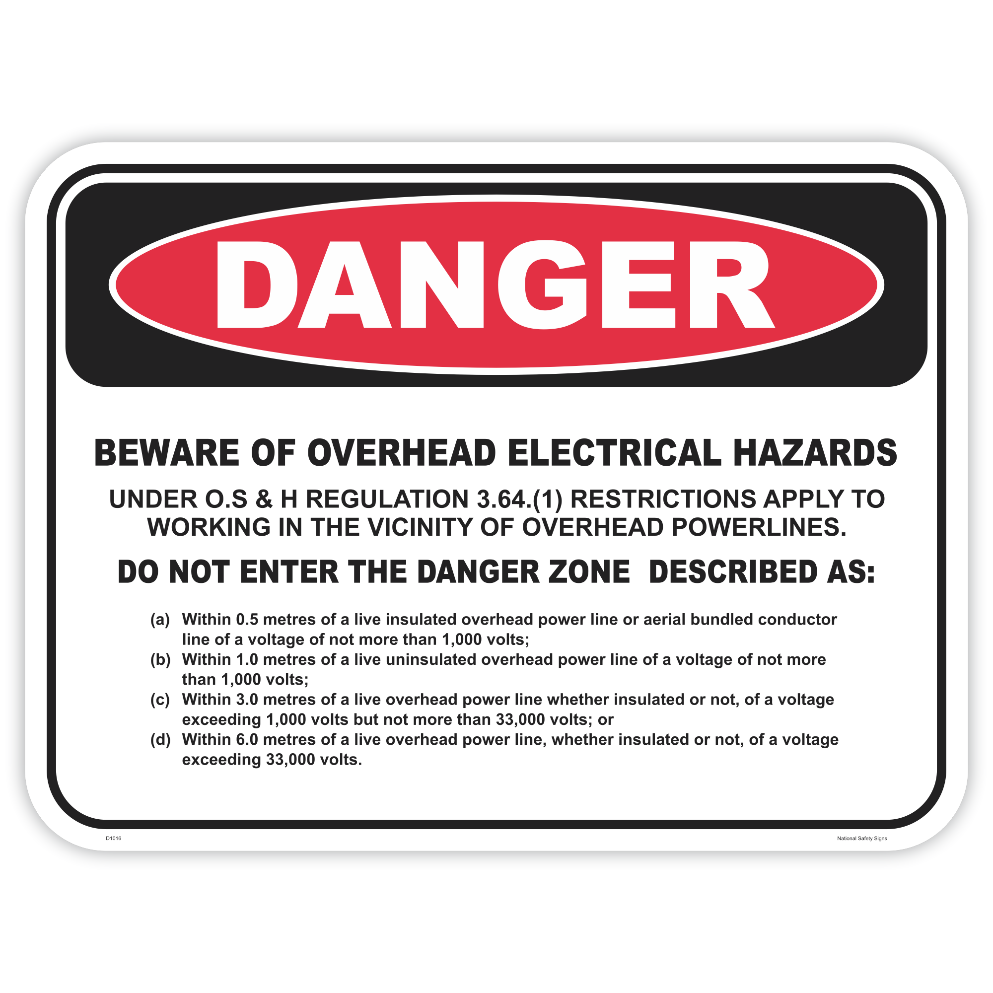 Danger overhead electrical hazard safety sign - AS1319 compliant, National Safety Signs Australia