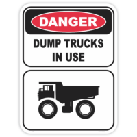 Danger dump trucks in use safety sign - AS1319 compliant, National Safety Signs Australia