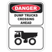 Danger dump trucks crossing ahead safety sign - AS1319 compliant, National Safety Signs Australia