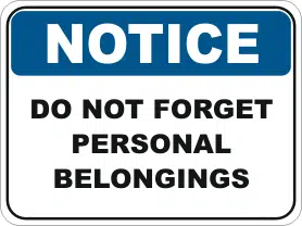 Personal belongings Notice sign
