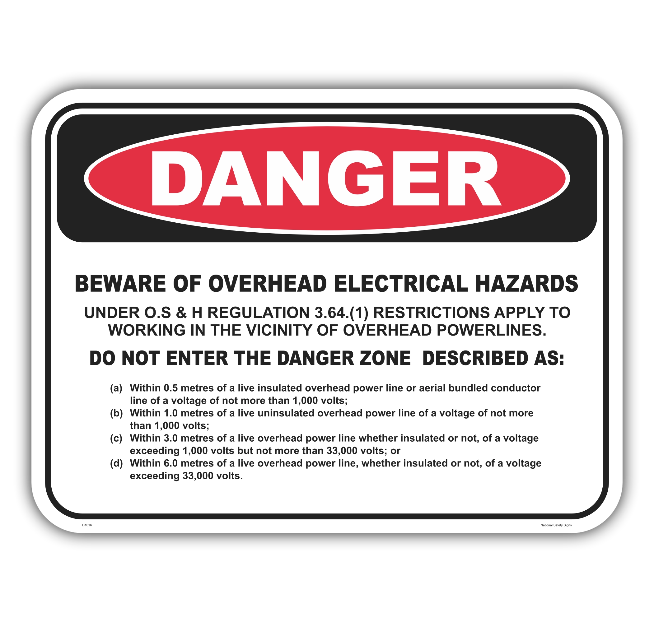Danger overhead electrical hazard safety sign - AS1319 compliant, National Safety Signs Australia