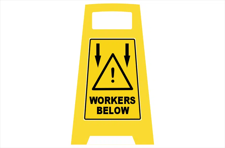 Workers Below Porta Board sign  PB66010