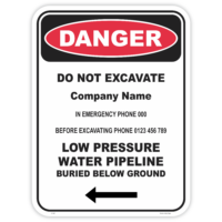 Danger low pressure water pipeline safety sign - AS1319 compliant, National Safety Signs Australia