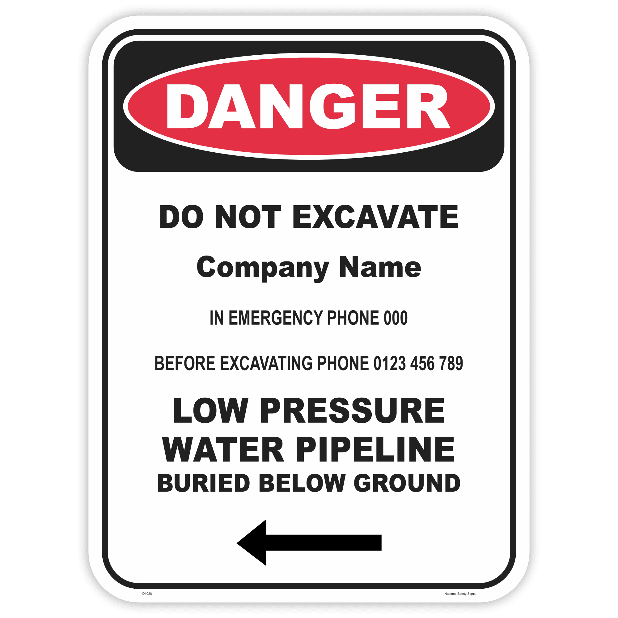 Danger low pressure water pipeline safety sign - AS1319 compliant, National Safety Signs Australia