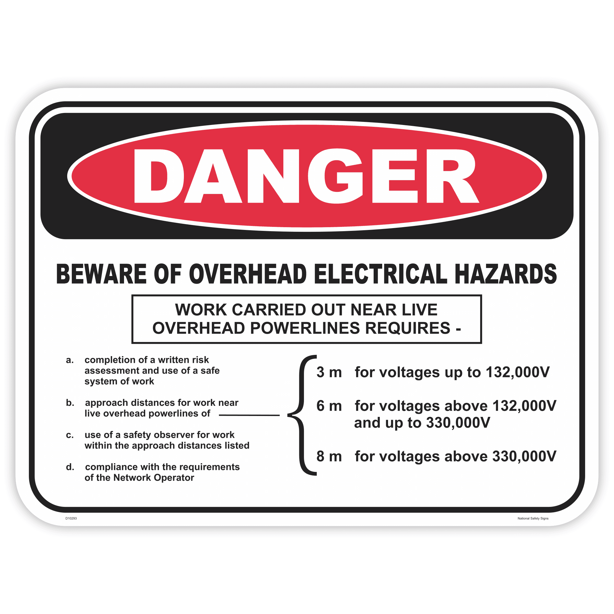 Danger overhead electrical hazard safety sign - AS1319 compliant, National Safety Signs Australia