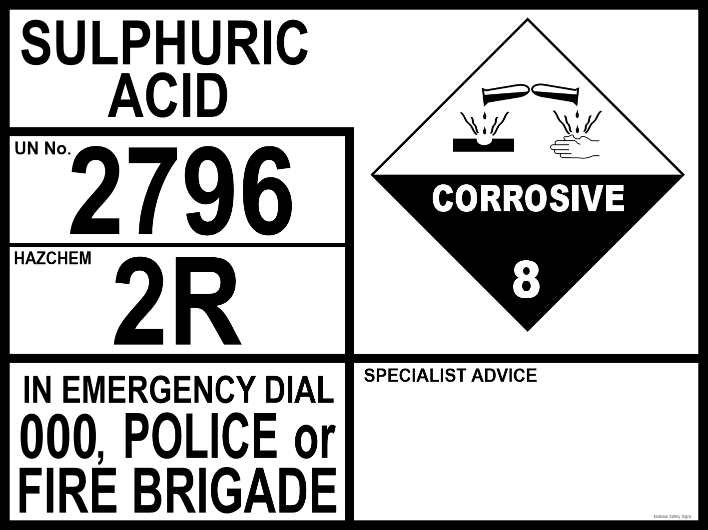 Emergency Information Panel Sulphuric Acid  H1588