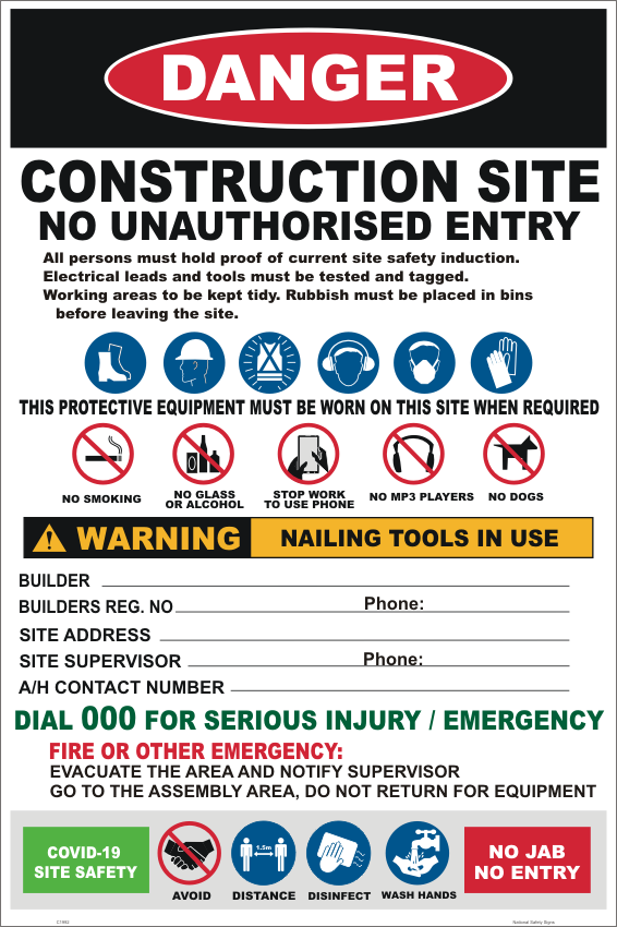 Construction Site No Jab No Entry Sign - National Safety Signs