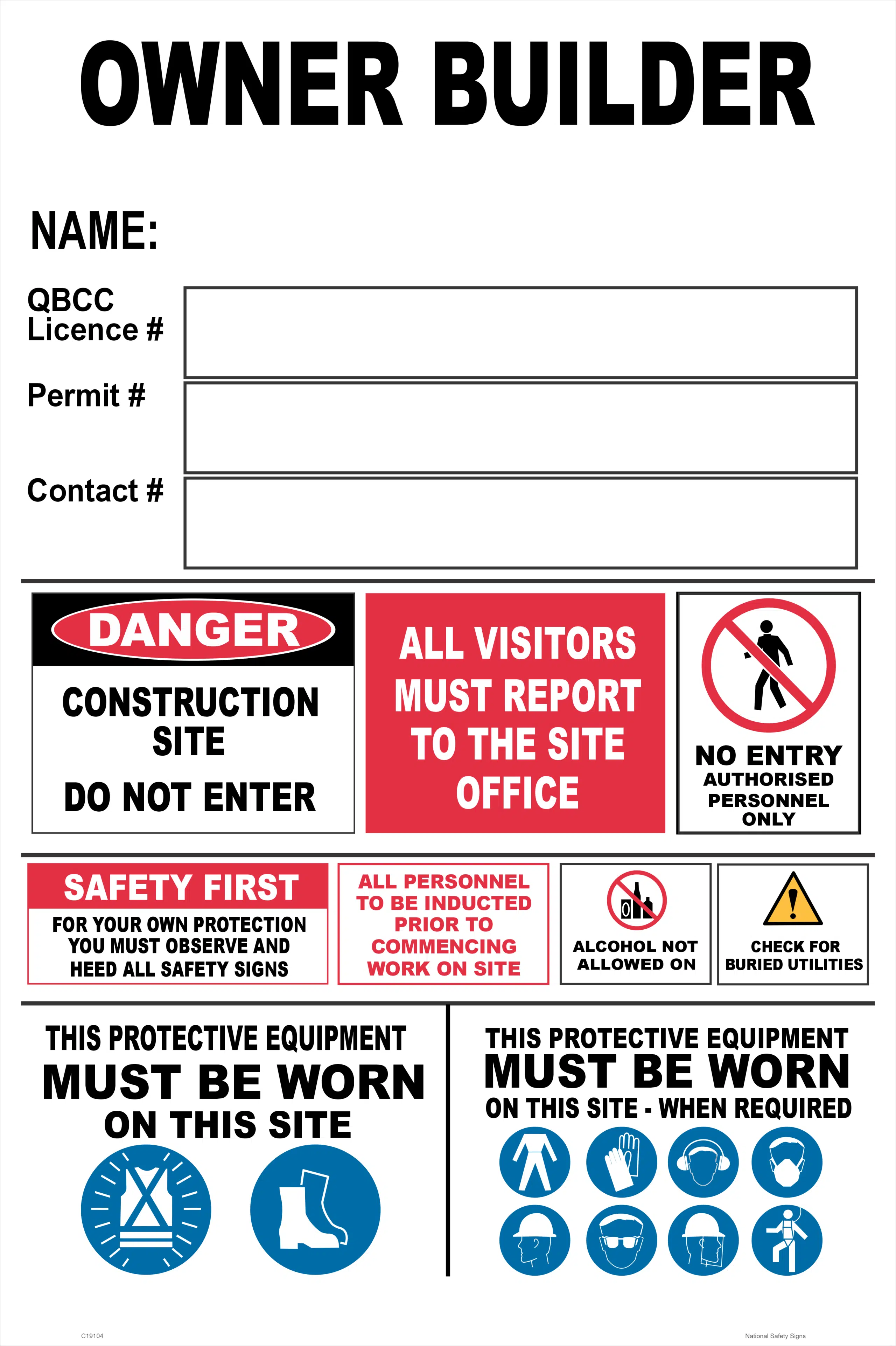 QBCC Owner Builder Site Sign C19104