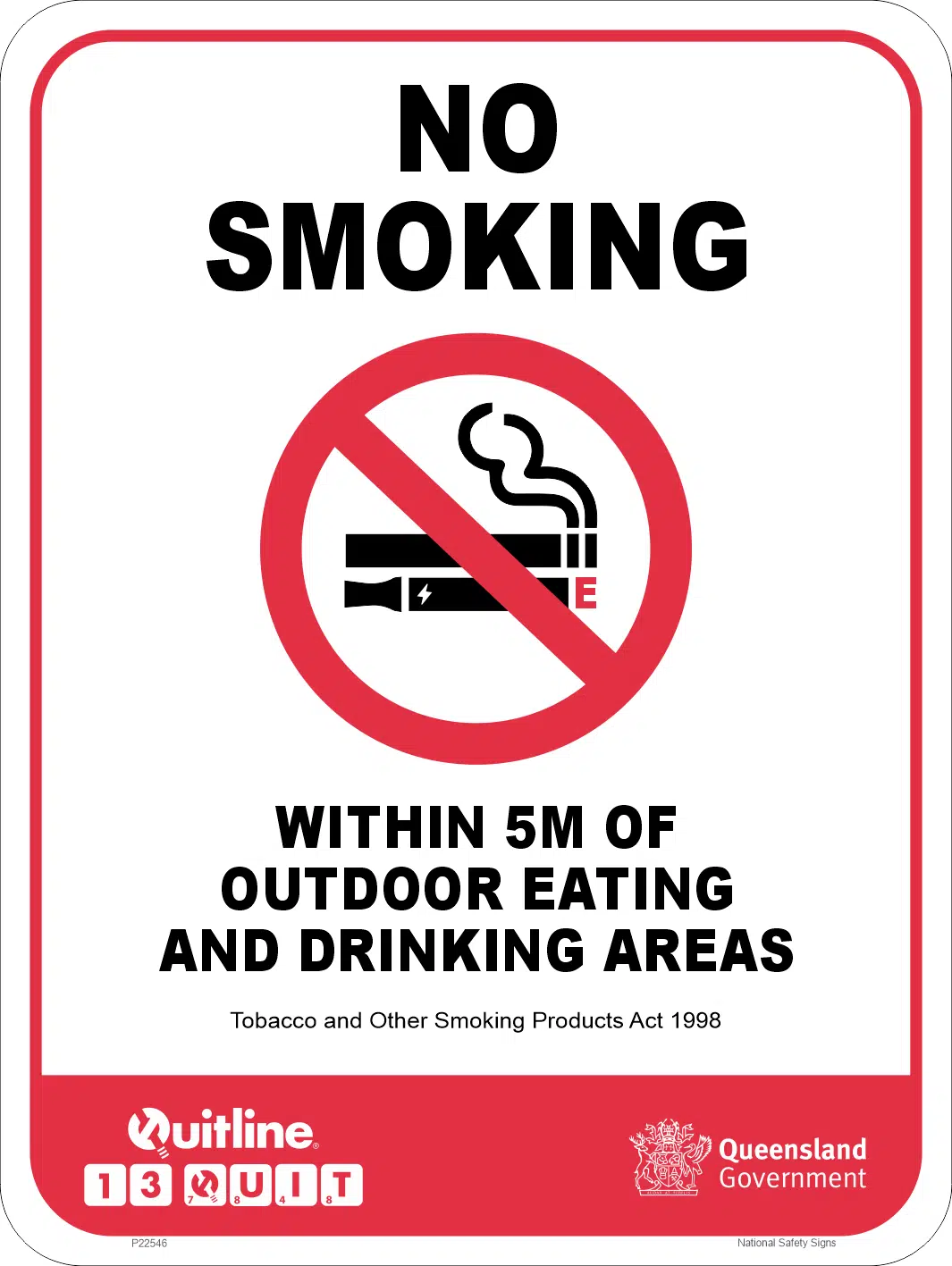 QLD No Smoking within 5M of outdoor eating areas sign     P22546