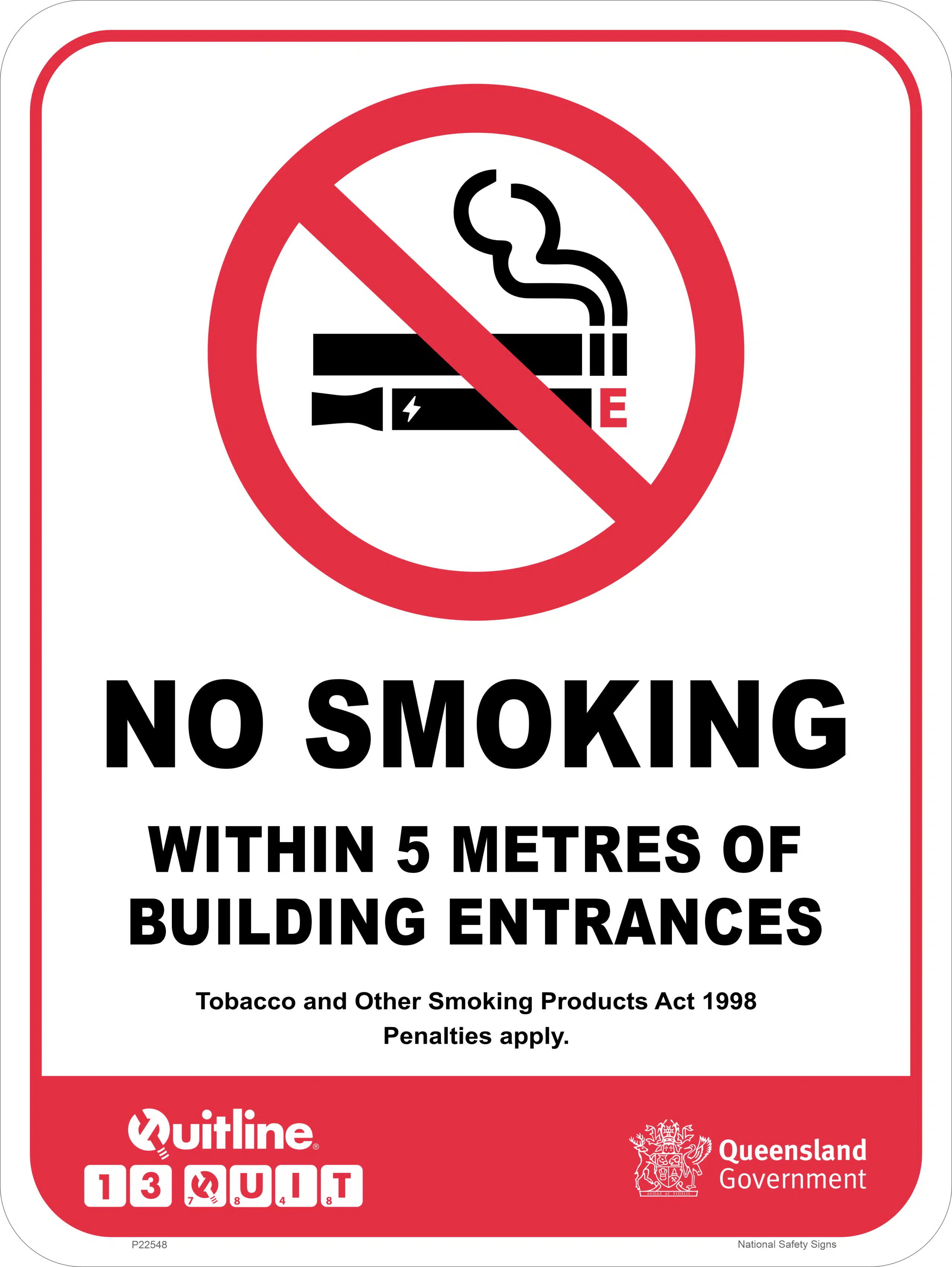 QLD No Smoking within 5M of Building Entrance Sign   P22548