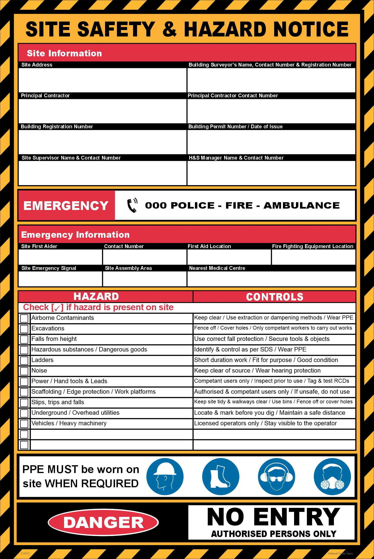 Site Hazard Notice Board  C19112
