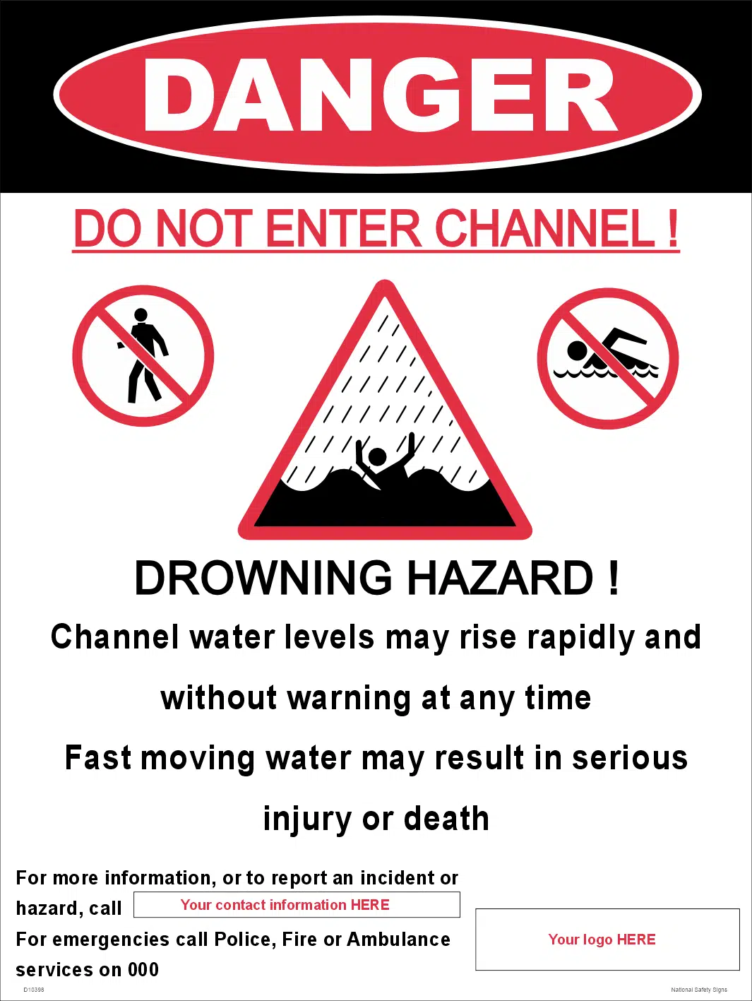 Channel Water Drowning Hazard Sign    D10398