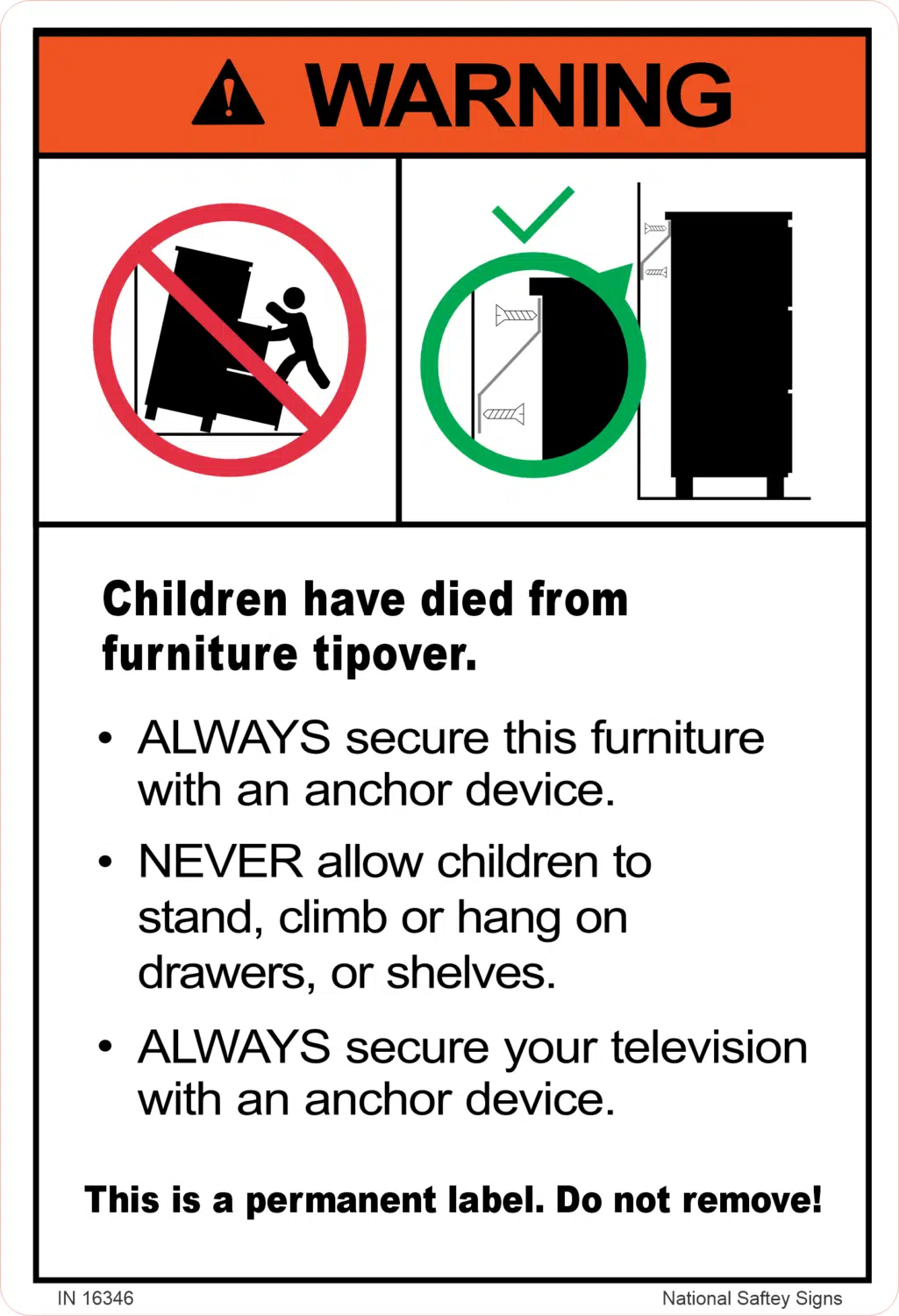Toppling Furniture Mandatory Warning Label – Category 3 IN16346