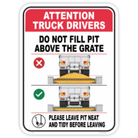 Do not fill pit above the grate sign for truck drivers, with a cross for filling above the grate and a tick for filling below it
