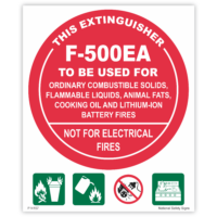 Red circular F-500EA fire extinguisher sign listing the fires it is used for and stating not for electrical fires, with four fire type symbols