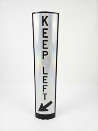 Curved black and white reflective Keep Left delineator blade with a diagonal arrow