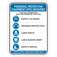 Blue and white PPE Required sign listing safety glasses, hearing protection, long pants, long sleeve shirt and safety boots with pictograms
