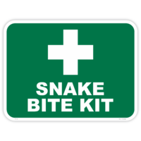 Green Snake Bite Kit sign with a white first aid cross symbol