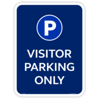 Navy blue Visitor Parking Only sign with a white P symbol in a blue circle