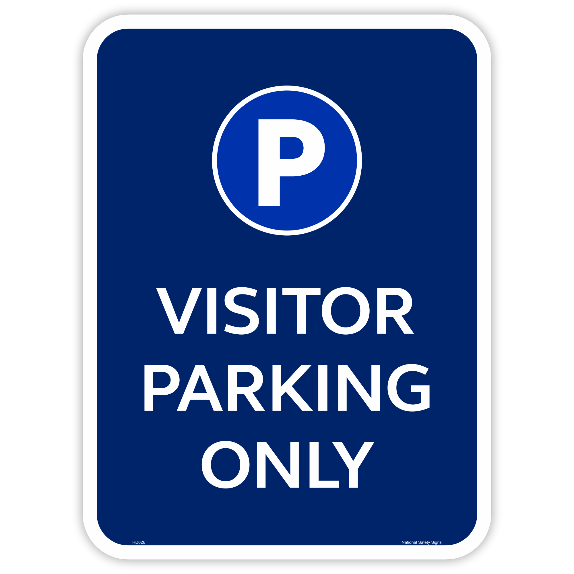 Navy blue Visitor Parking Only sign with a white P symbol in a blue circle